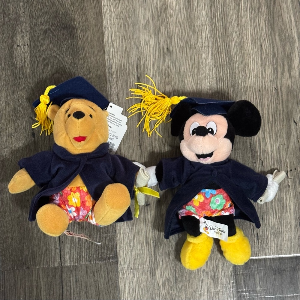 Vintage Disney Graduation Plush Set - Winnie the Pooh & Mickey Mouse